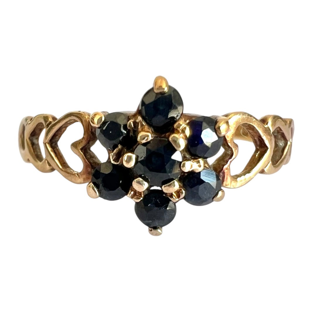 Vintage 9ct Gold Sapphire Flower Cluster Ring - Heart Shoulders - Size O