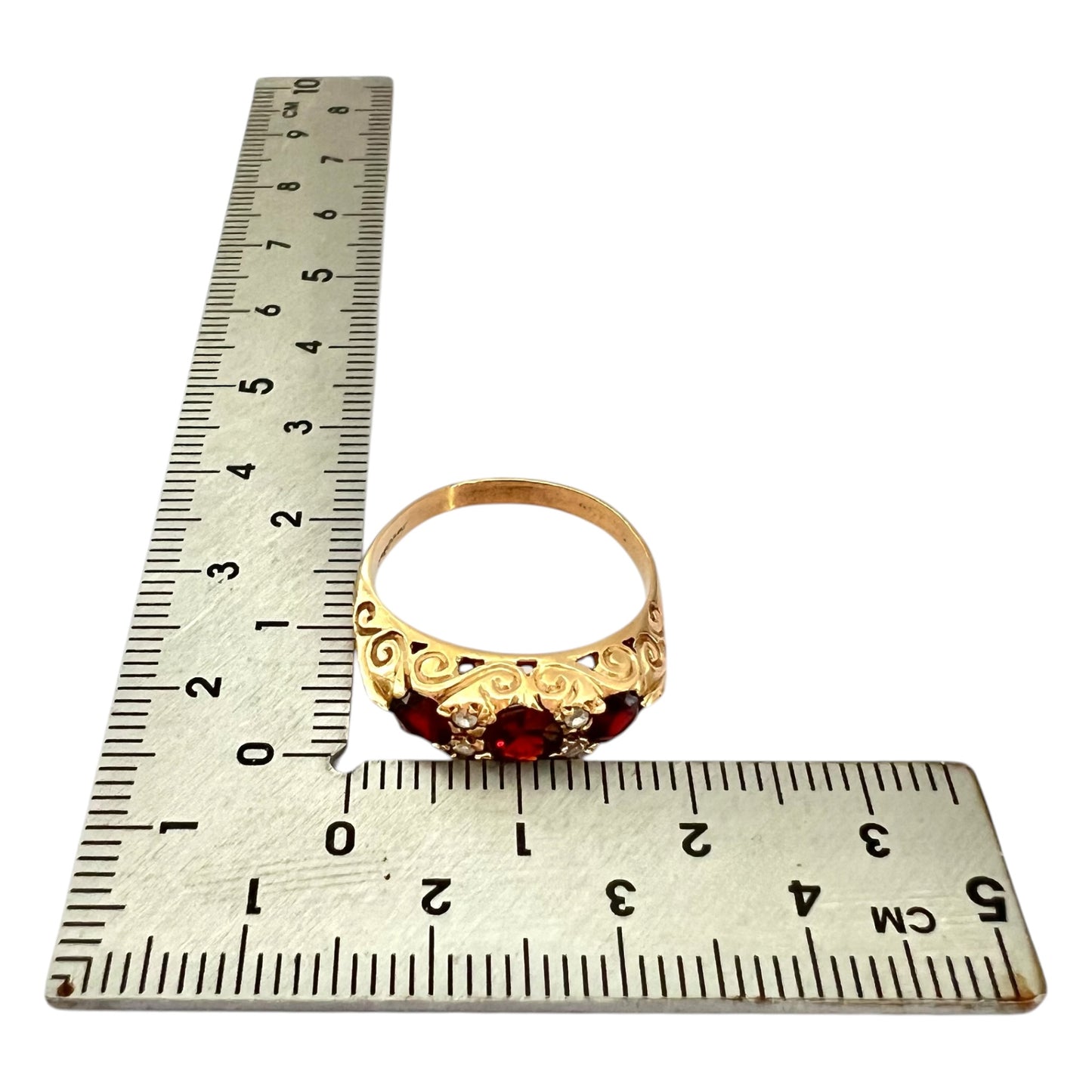 Garnet & Topaz Three Stone Ring Vintage - 9ct Gold Carved - Size P 1/2