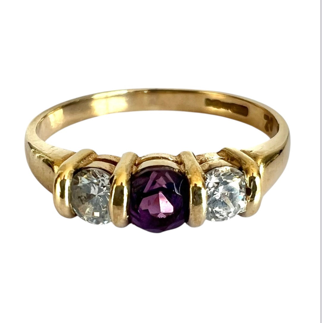 Vintage 9ct Gold Amethyst & Cubic Zirconia Three Stone Ring Size O 1/2