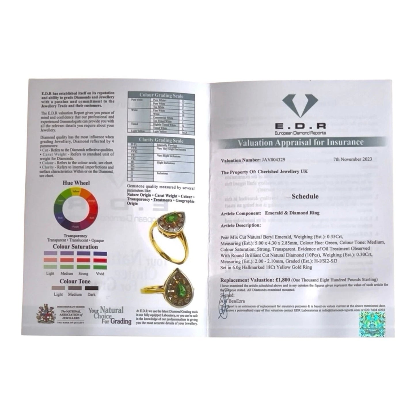 Jewelry valuation appraisal document with EDR logo on a white background
