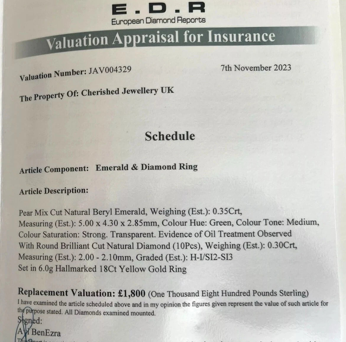 E.D.R Valuation Appraisal for Insurance document for an emerald and diamond ring.