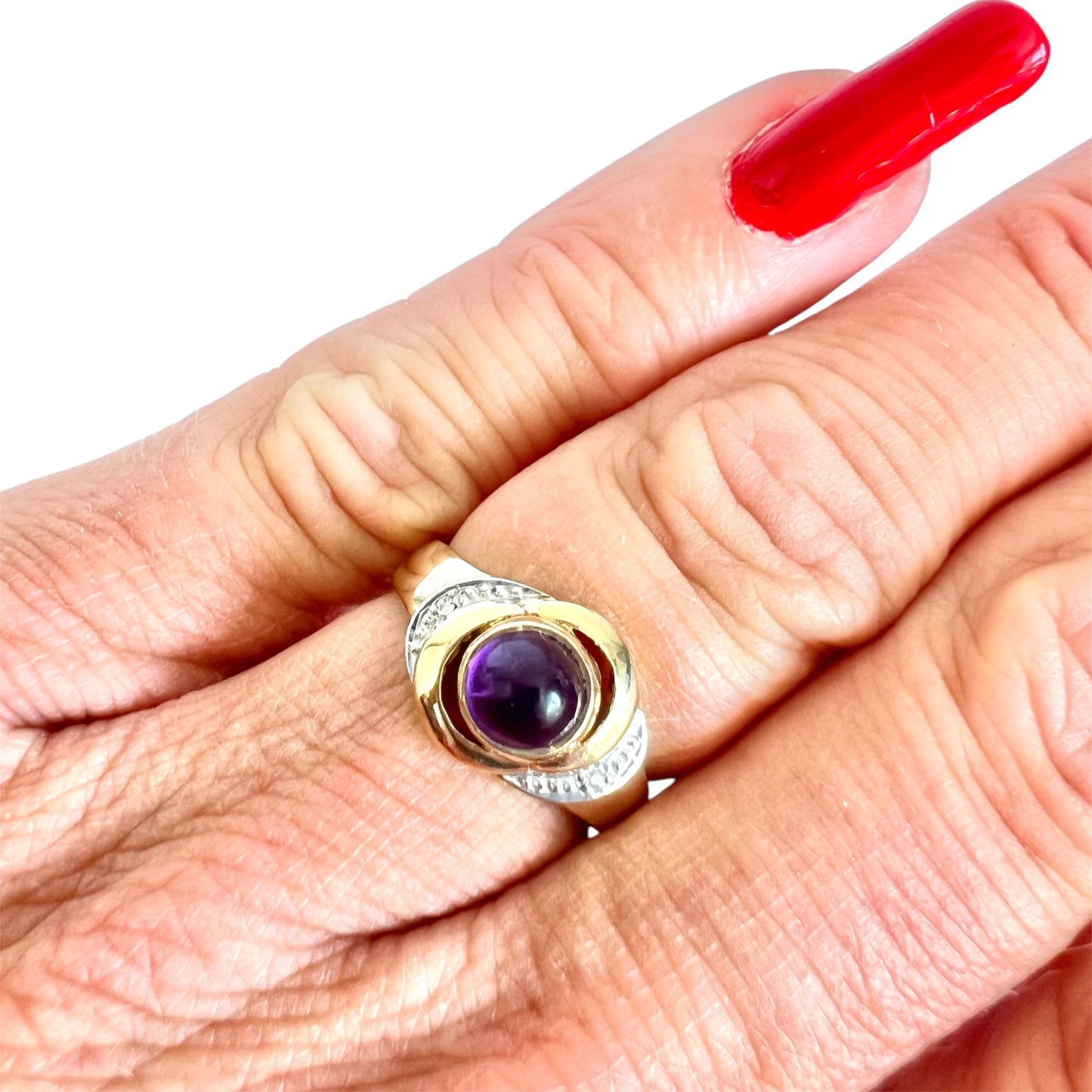 Vintage 9ct Gold Cabochon Amethyst Diamond Ring London 1994 Hallmarked Size M