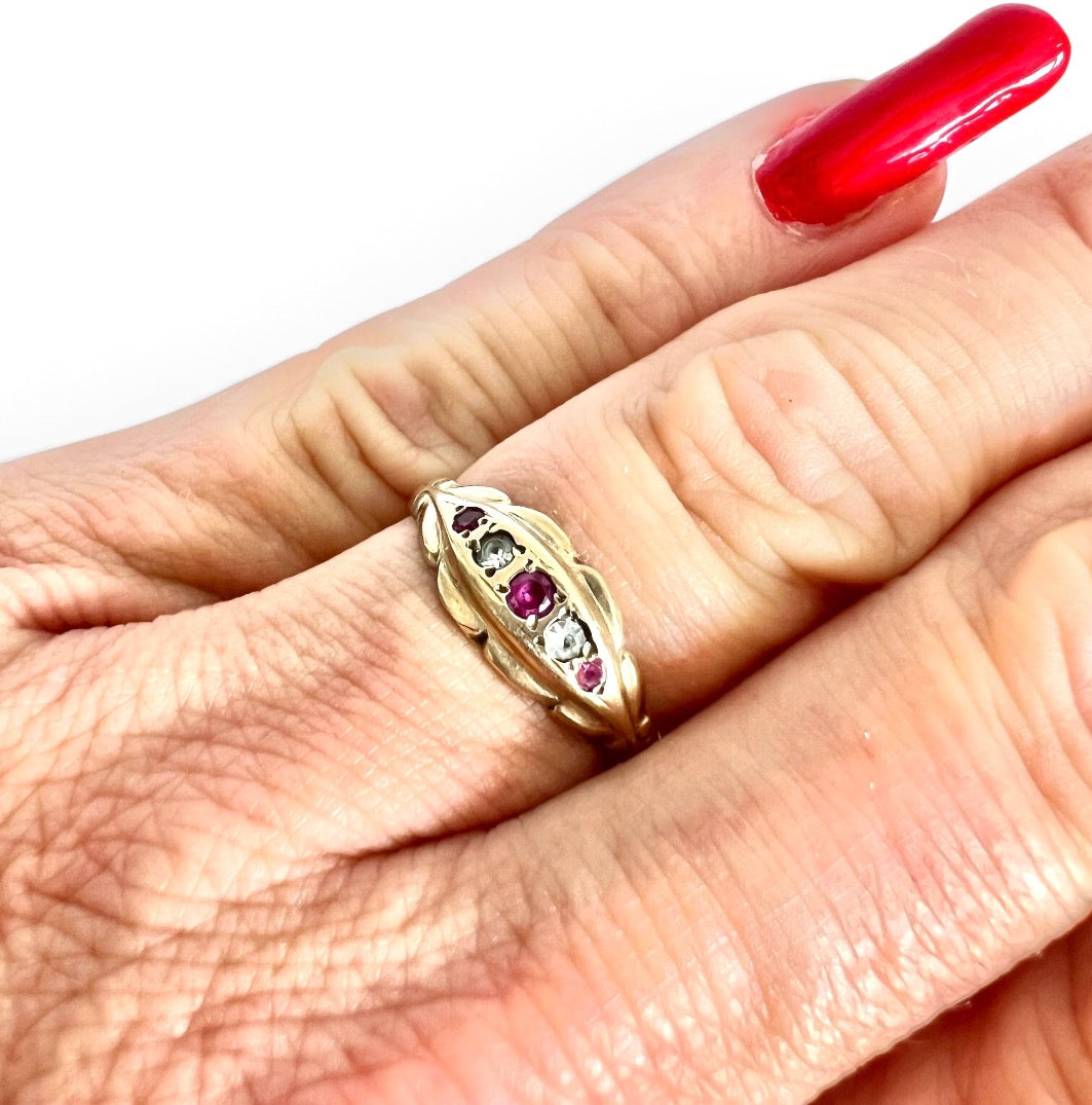 Vintage 1972 9ct Gold Ruby Simulant & White Paste Five Stone Hallmark  Size O