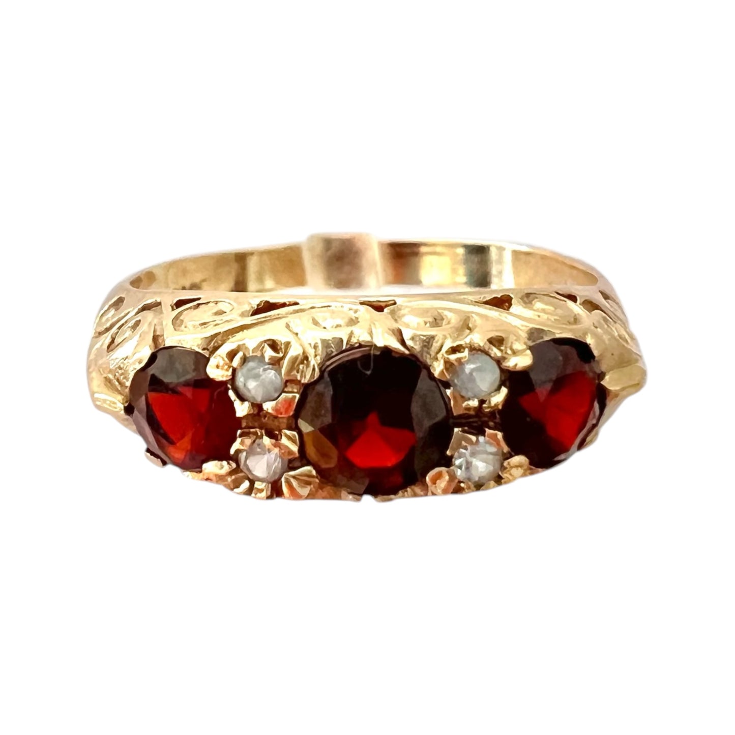 Garnet & Topaz Three Stone Ring Vintage - 9ct Gold Carved - Size P 1/2