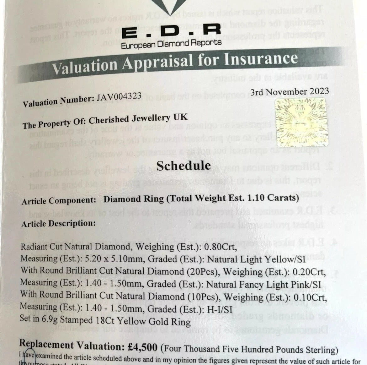 E.D.R Valuation Appraisal for Insurance document for a diamond ring with detailed information.