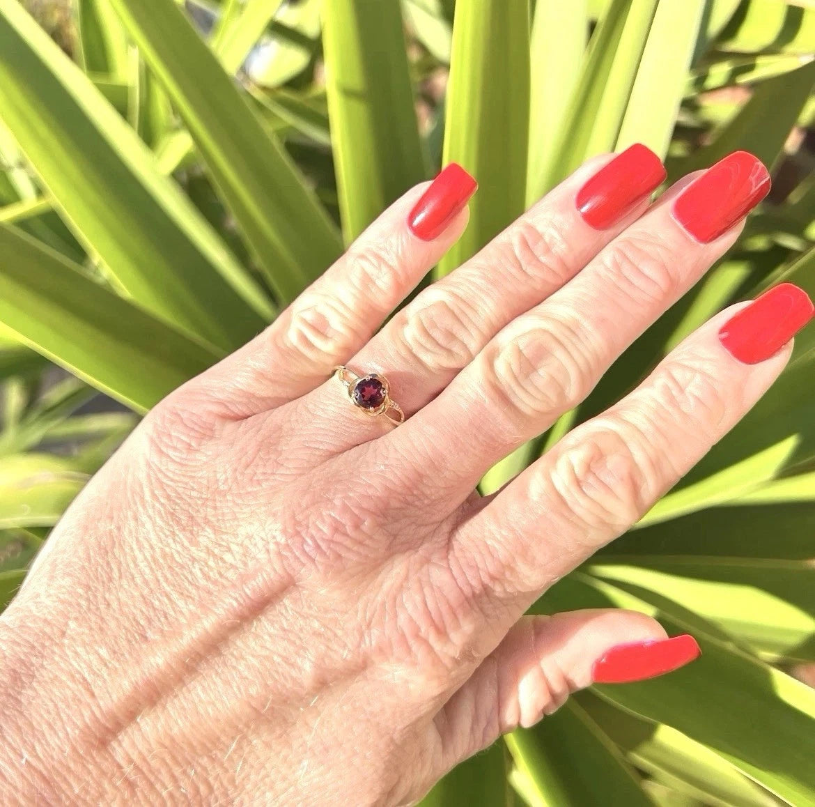 Hand with red nail polish wearing a gold ring with a red gemstone against a green leafy background