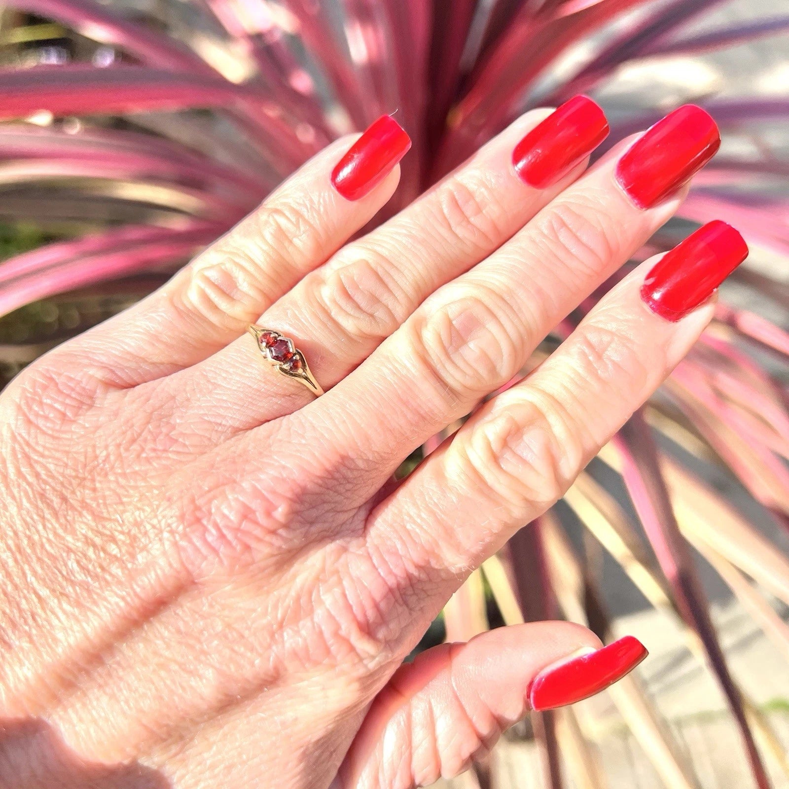 Hand with red nail polish and a ring, against a blurred plant background