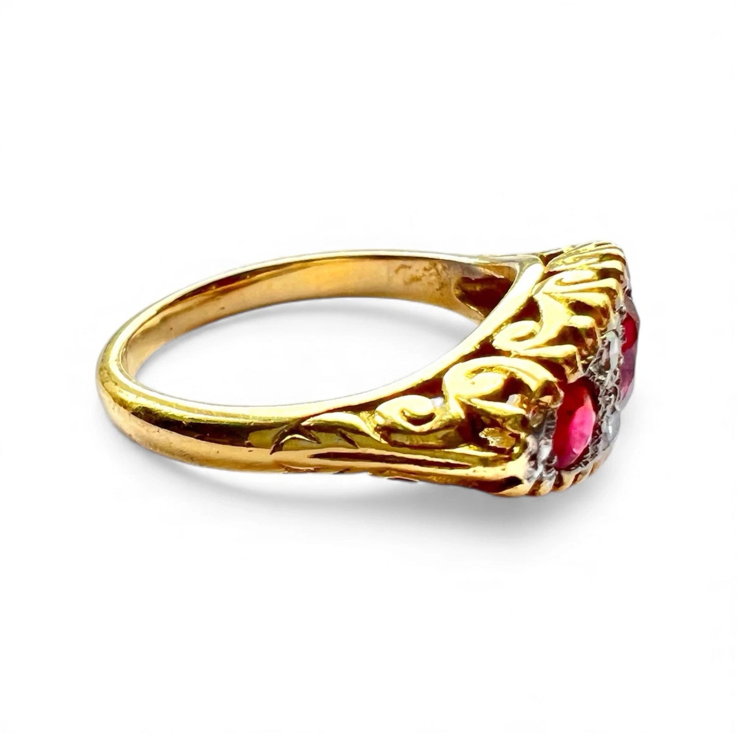 Ruby & Diamond Seven Stone Ring - 18ct Gold - Antique - Size L