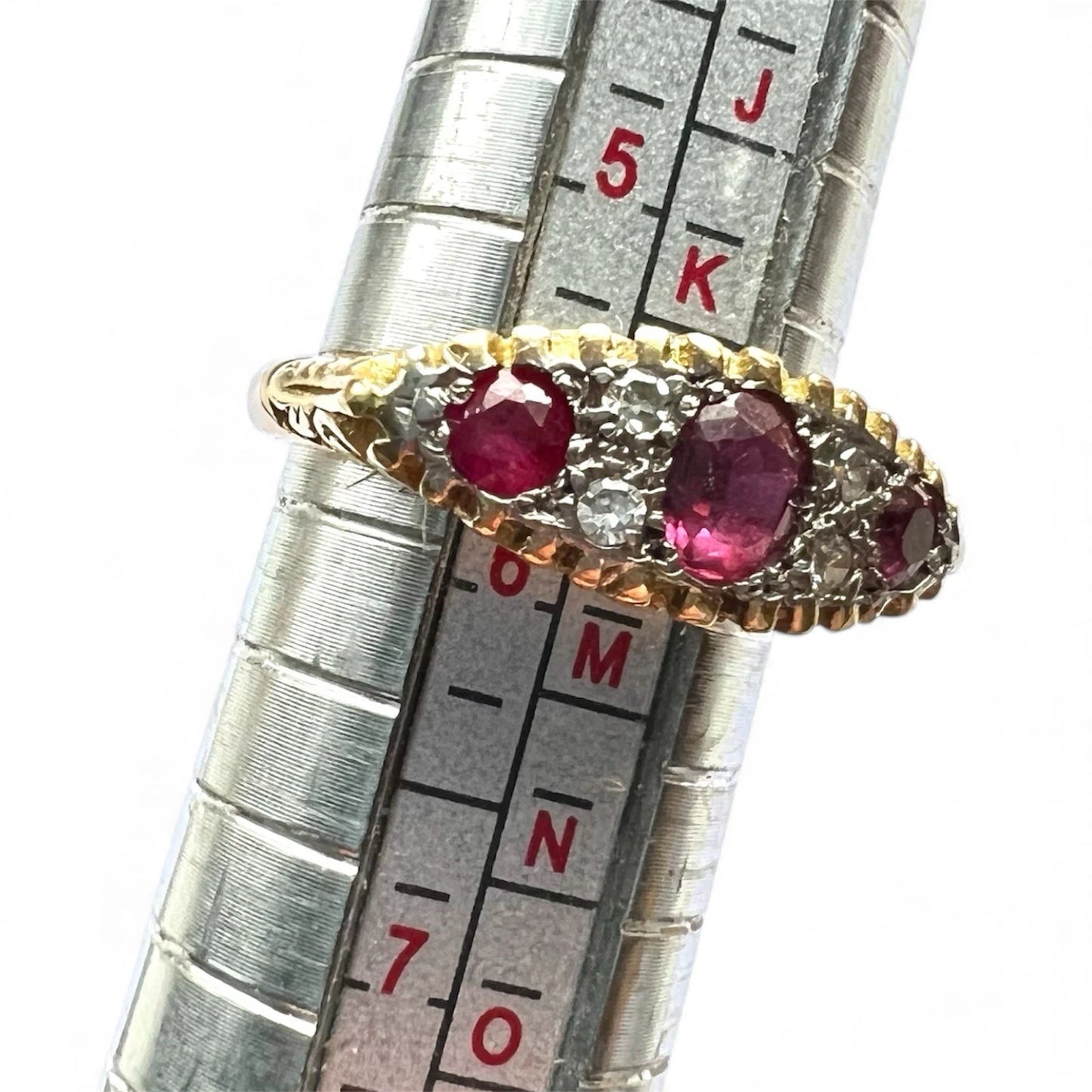 Ruby & Diamond Seven Stone Ring - 18ct Gold - Antique - Size L