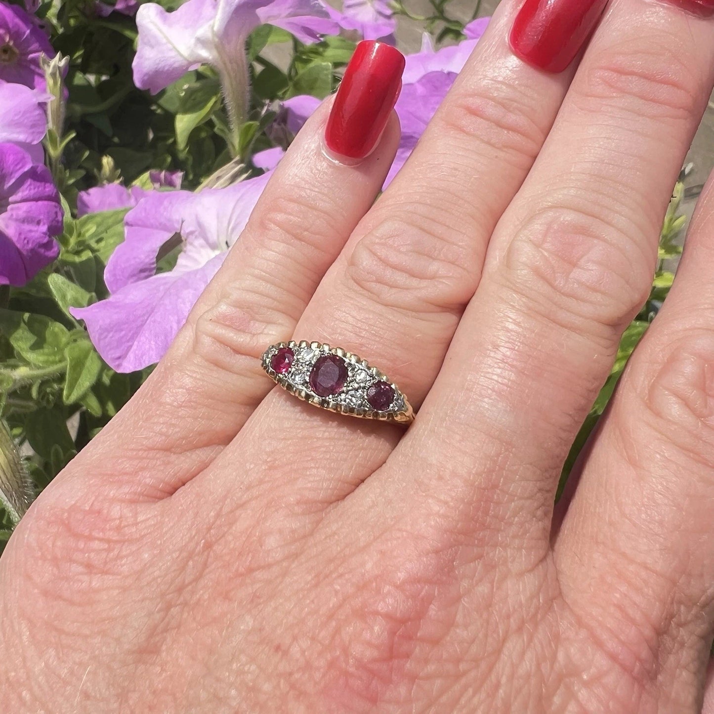 Ruby & Diamond Seven Stone Ring - 18ct Gold - Antique - Size L