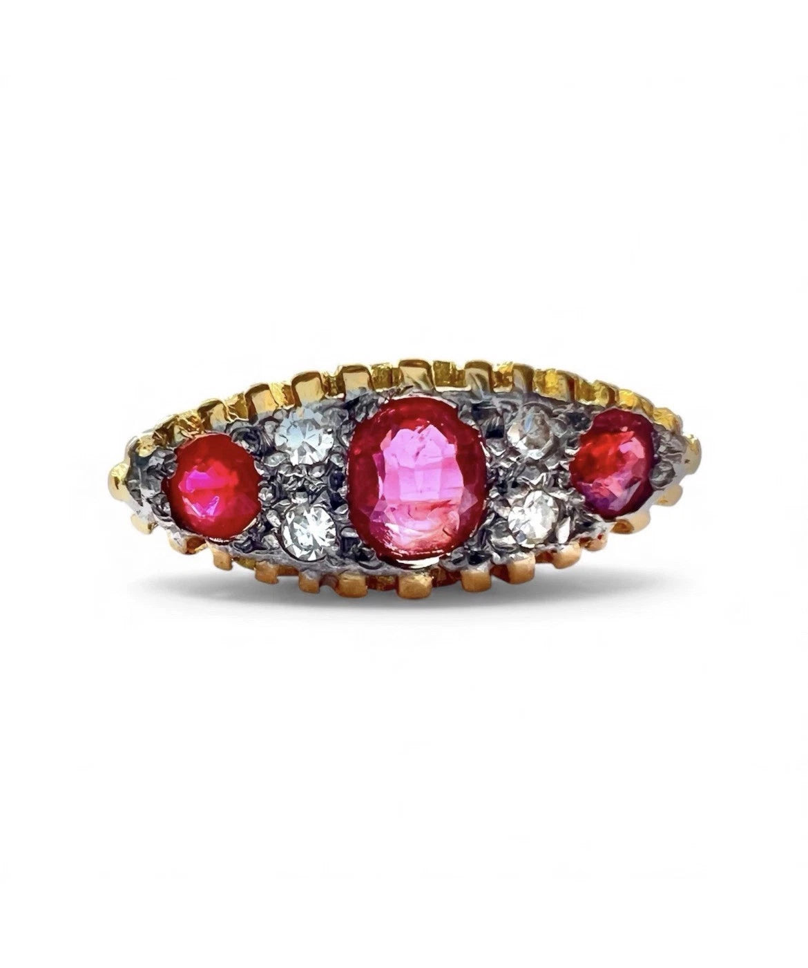 Ruby & Diamond Seven Stone Ring - 18ct Gold - Antique - Size L