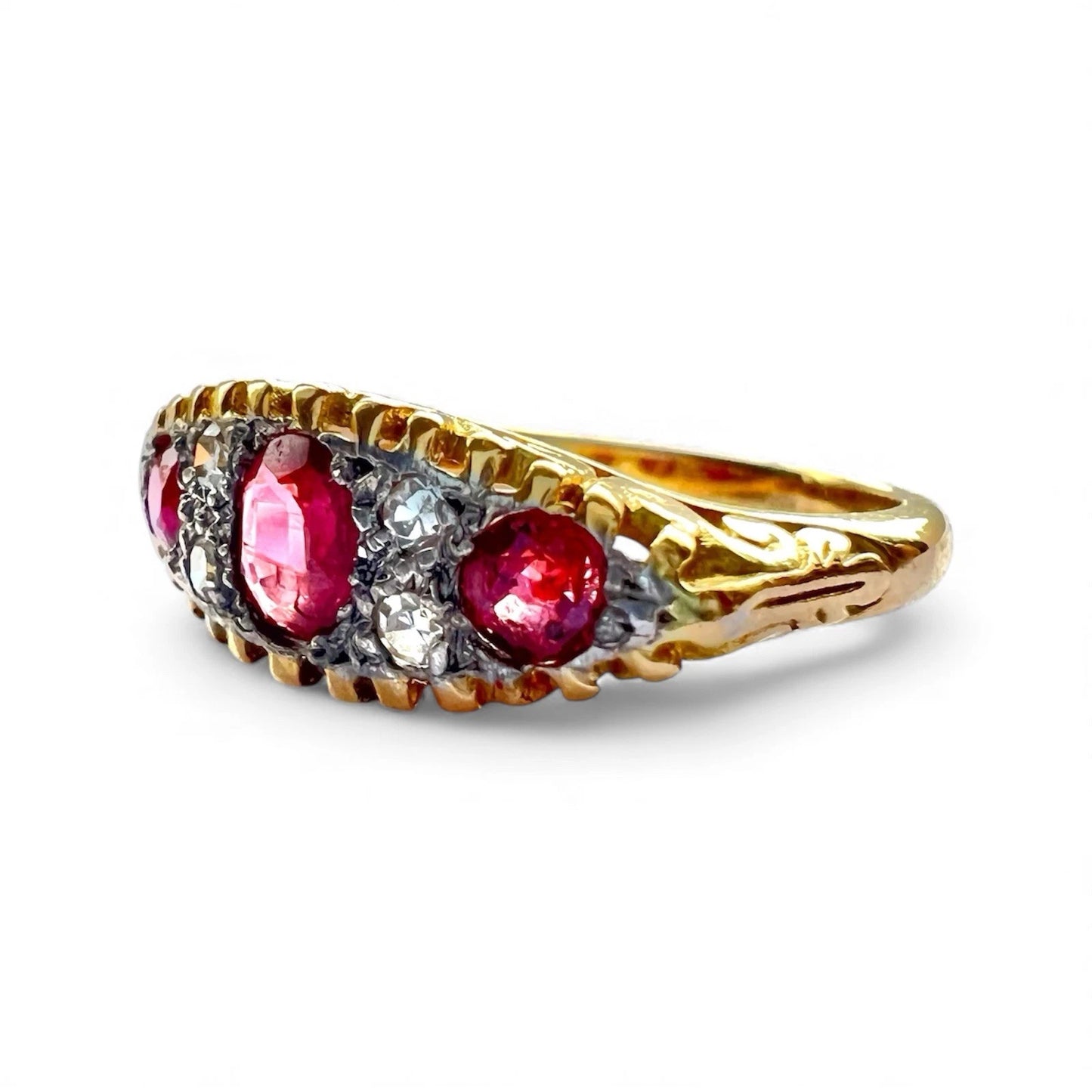 Ruby & Diamond Seven Stone Ring - 18ct Gold - Antique - Size L
