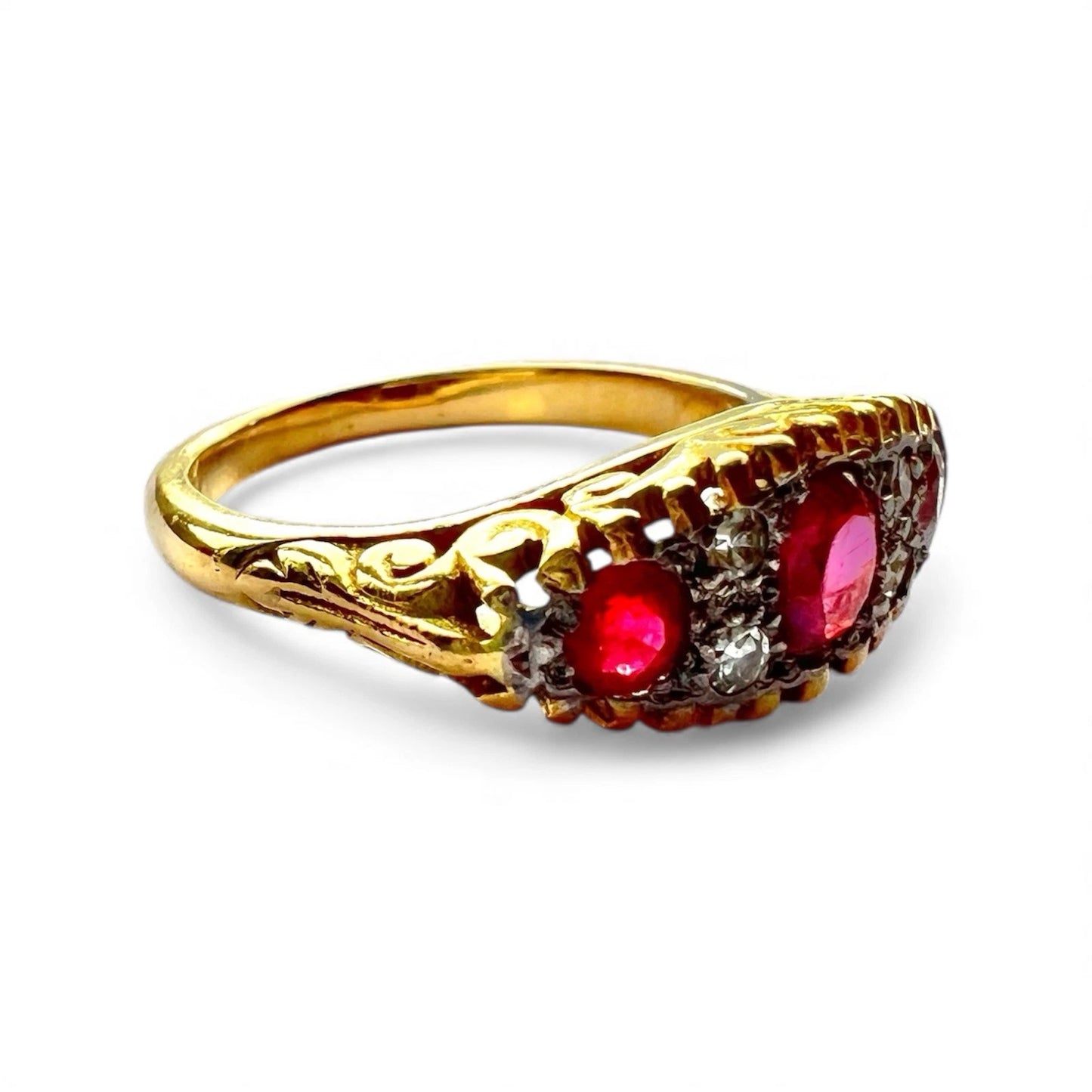 Ruby & Diamond Seven Stone Ring - 18ct Gold - Antique - Size L