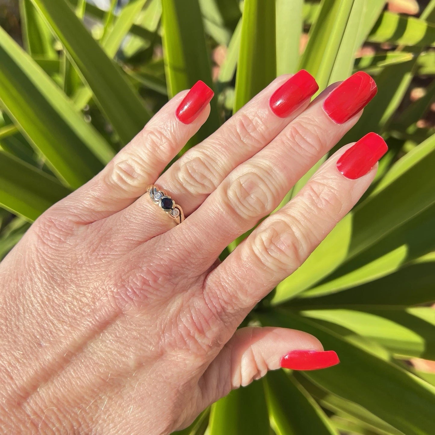 Hand wearing a sapphire and diamond ring with red nails against a green leafy background