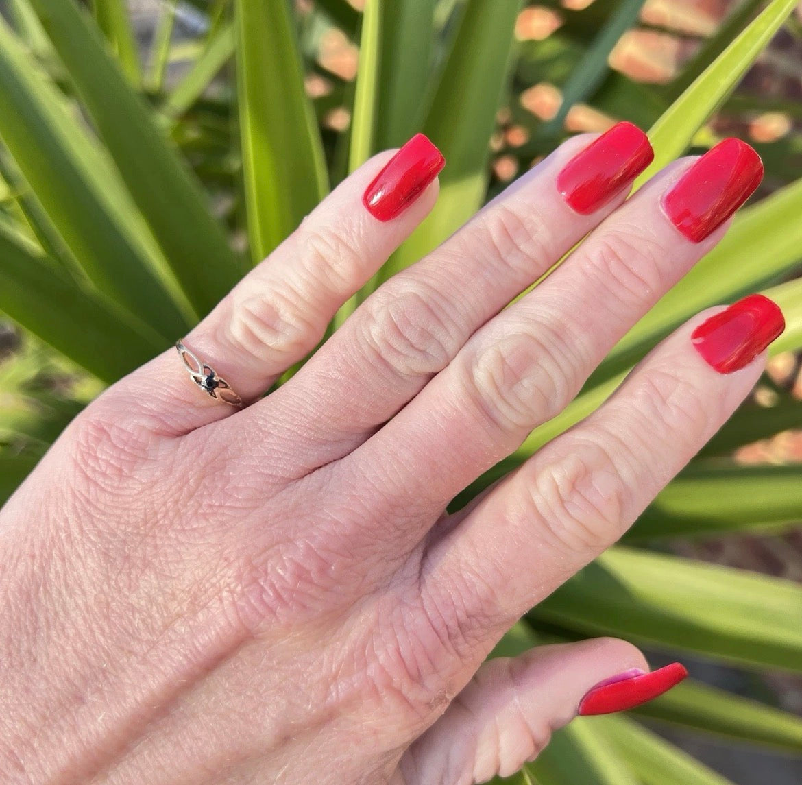 Hand with red nail polish against a green leafy background