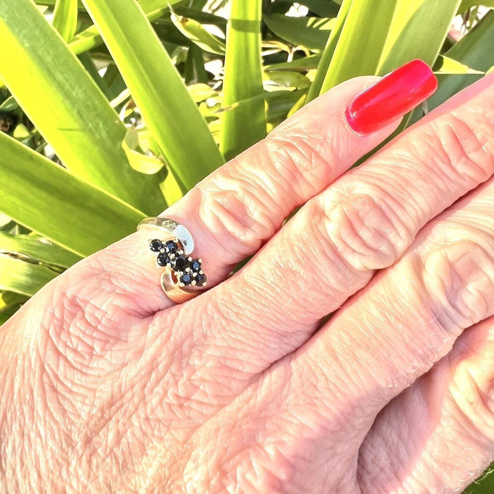 Hand with a ring featuring sapphire stones against a green leafy background
