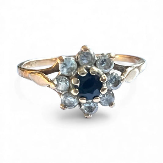Sapphire & Cubic Zirconia Cluster Ring - 9ct Gold - Vintage - Size N