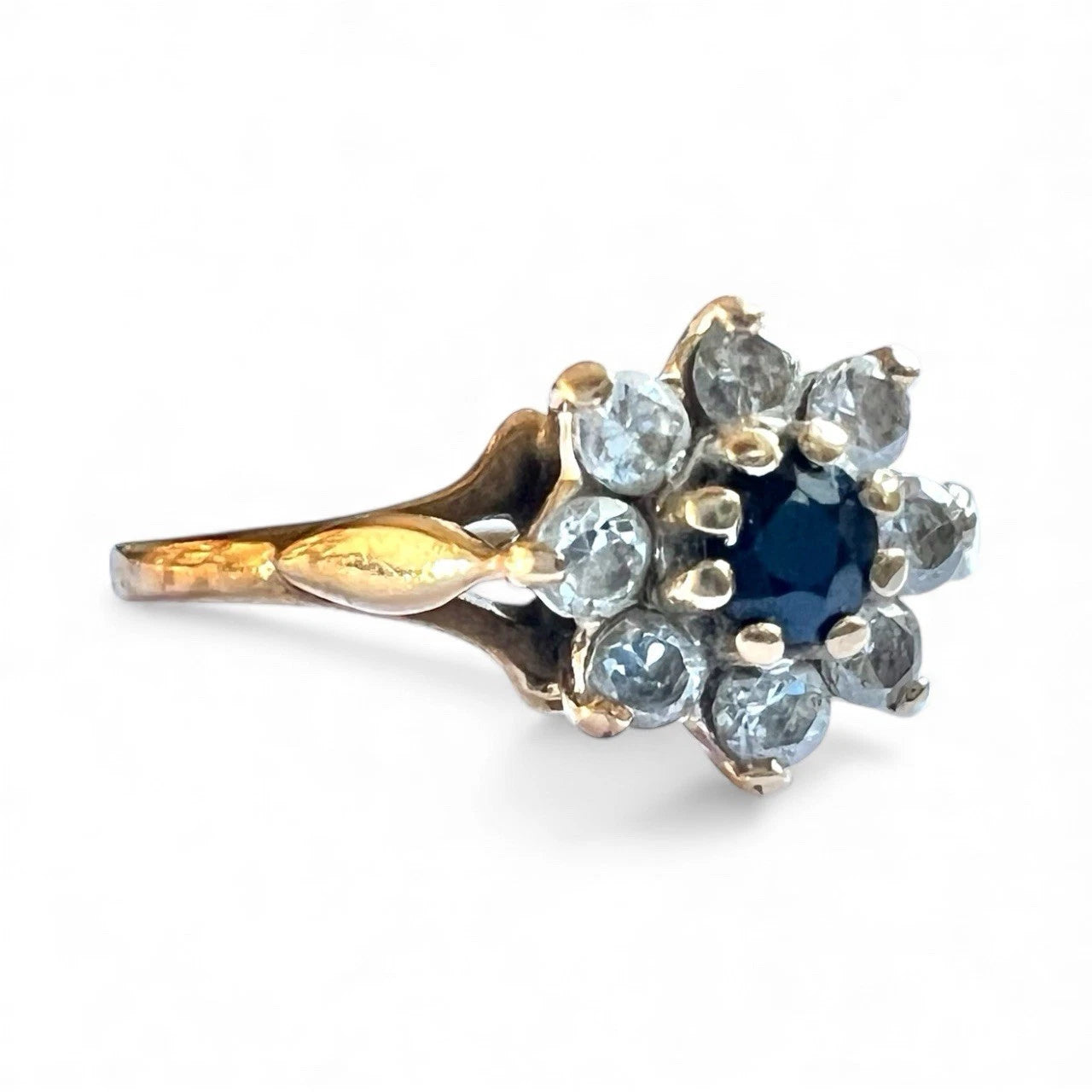 Sapphire & Cubic Zirconia Cluster Ring - 9ct Gold - Vintage - Size N