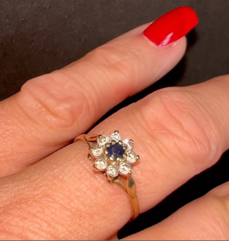 Sapphire & Cubic Zirconia Cluster Ring - 9ct Gold - Vintage - Size N