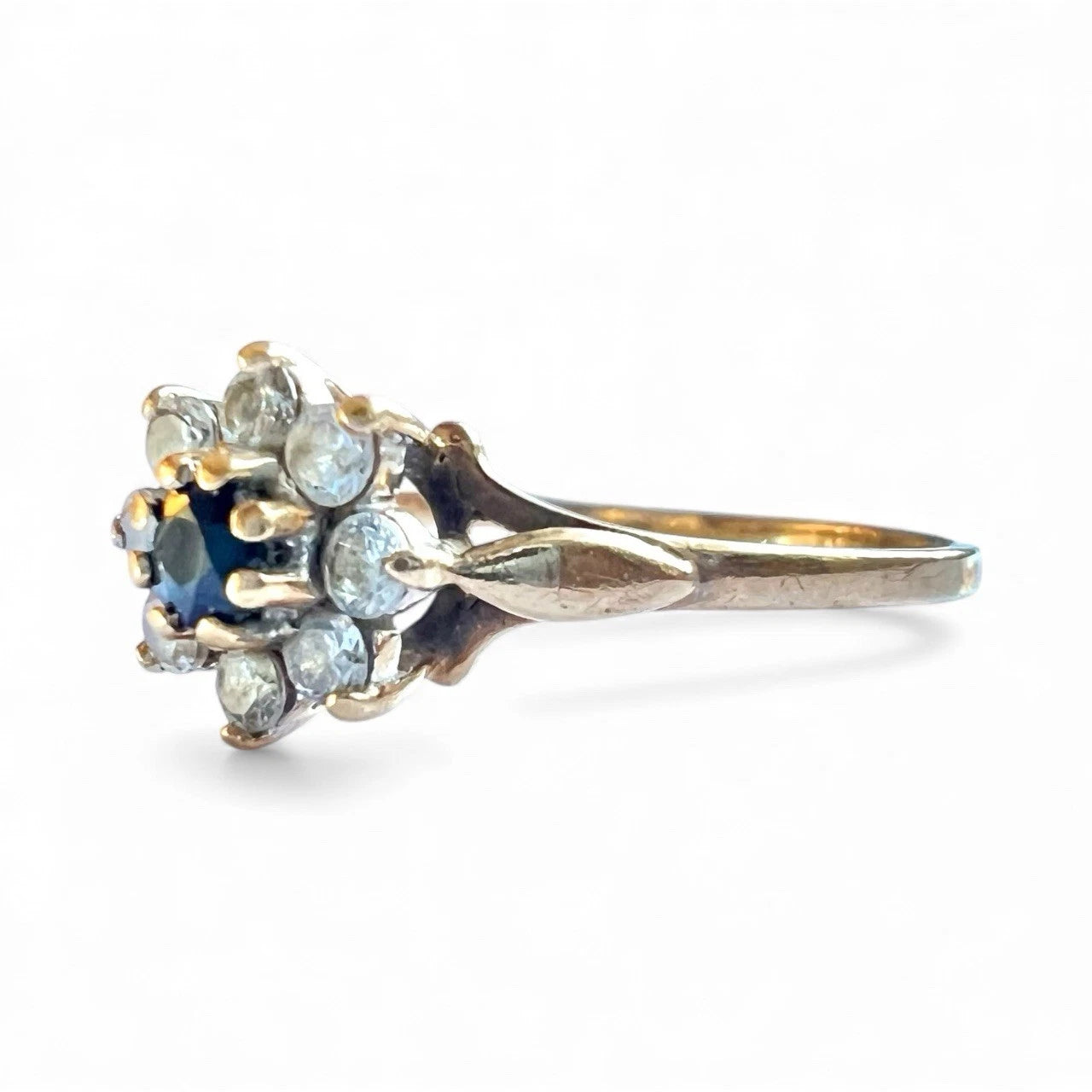 Sapphire & Cubic Zirconia Cluster Ring - 9ct Gold - Vintage - Size N