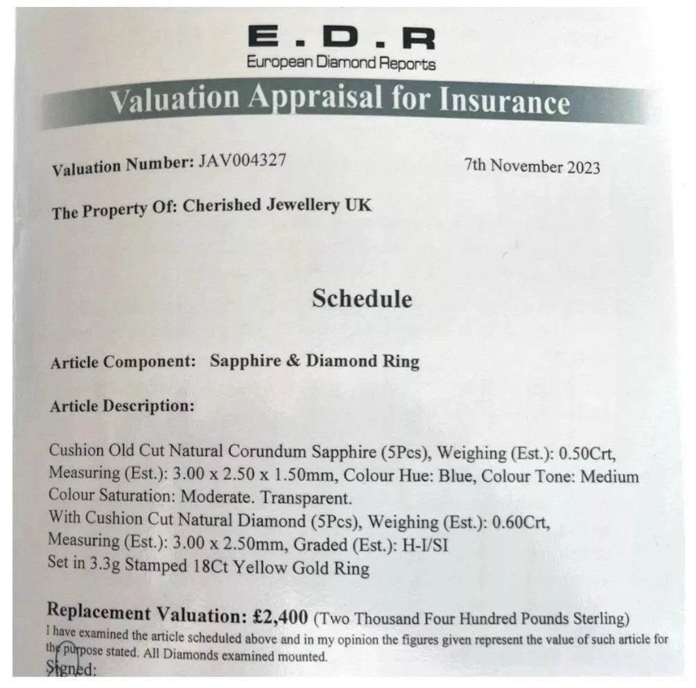 E.D.R Valuation Appraisal for Insurance document for a sapphire and diamond ring.