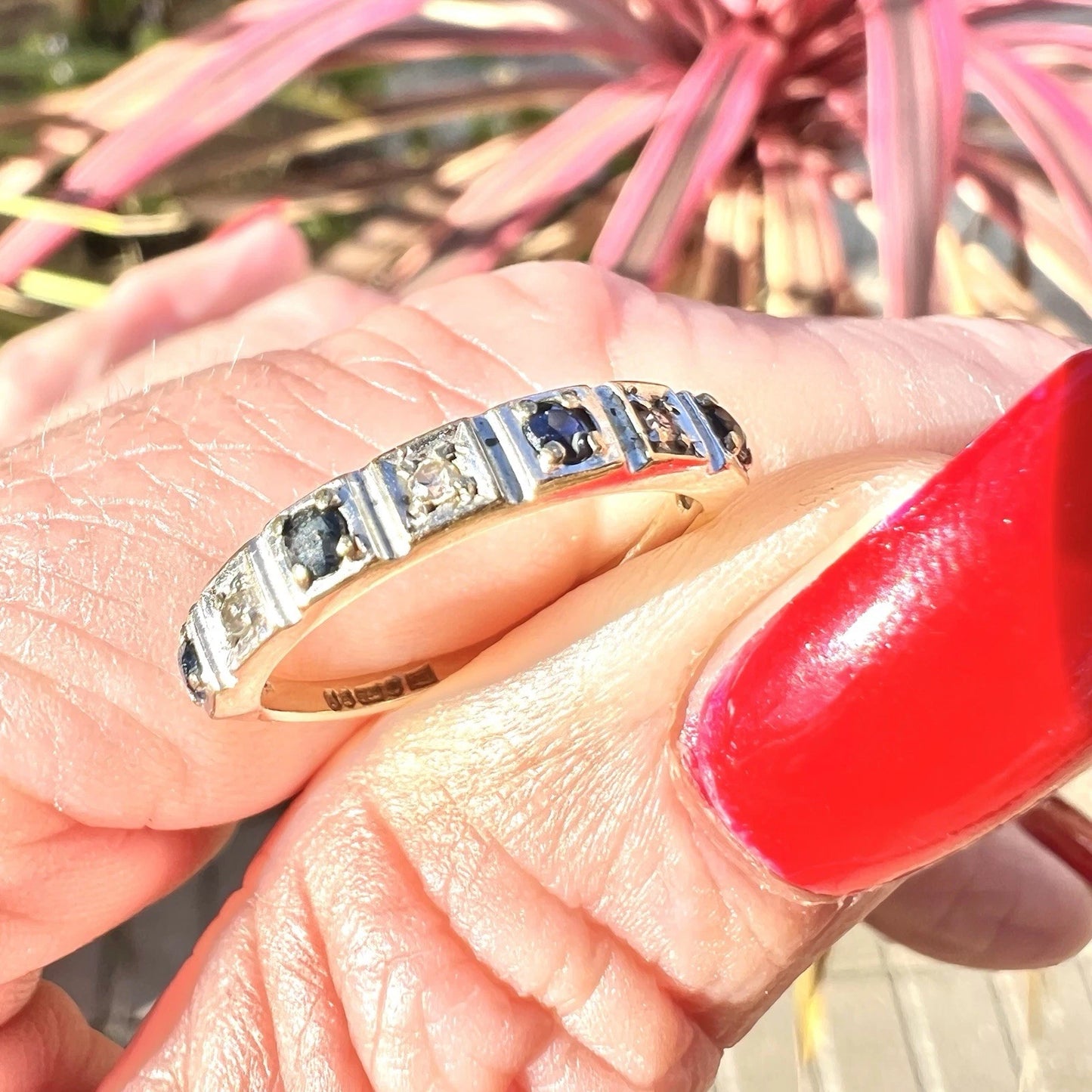 Sapphire & Diamond Eternity Ring - 9ct Gold - Vintage - Size L 1/2
