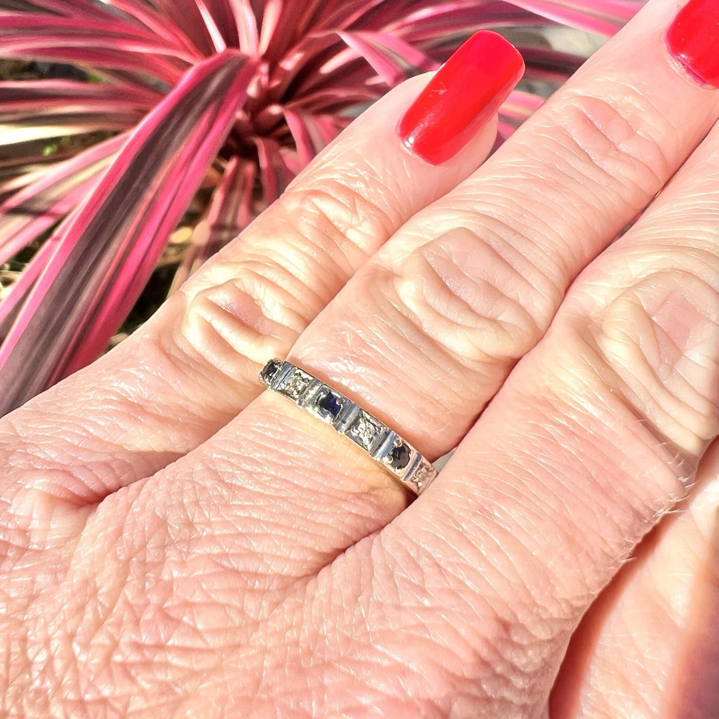 Sapphire & Diamond Eternity Ring - 9ct Gold - Vintage - Size L 1/2