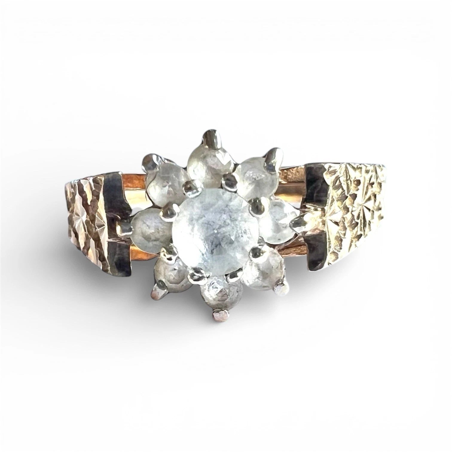 Gold ring with Blue Topaz flow cluster setting on a white background, close up front view of setting 