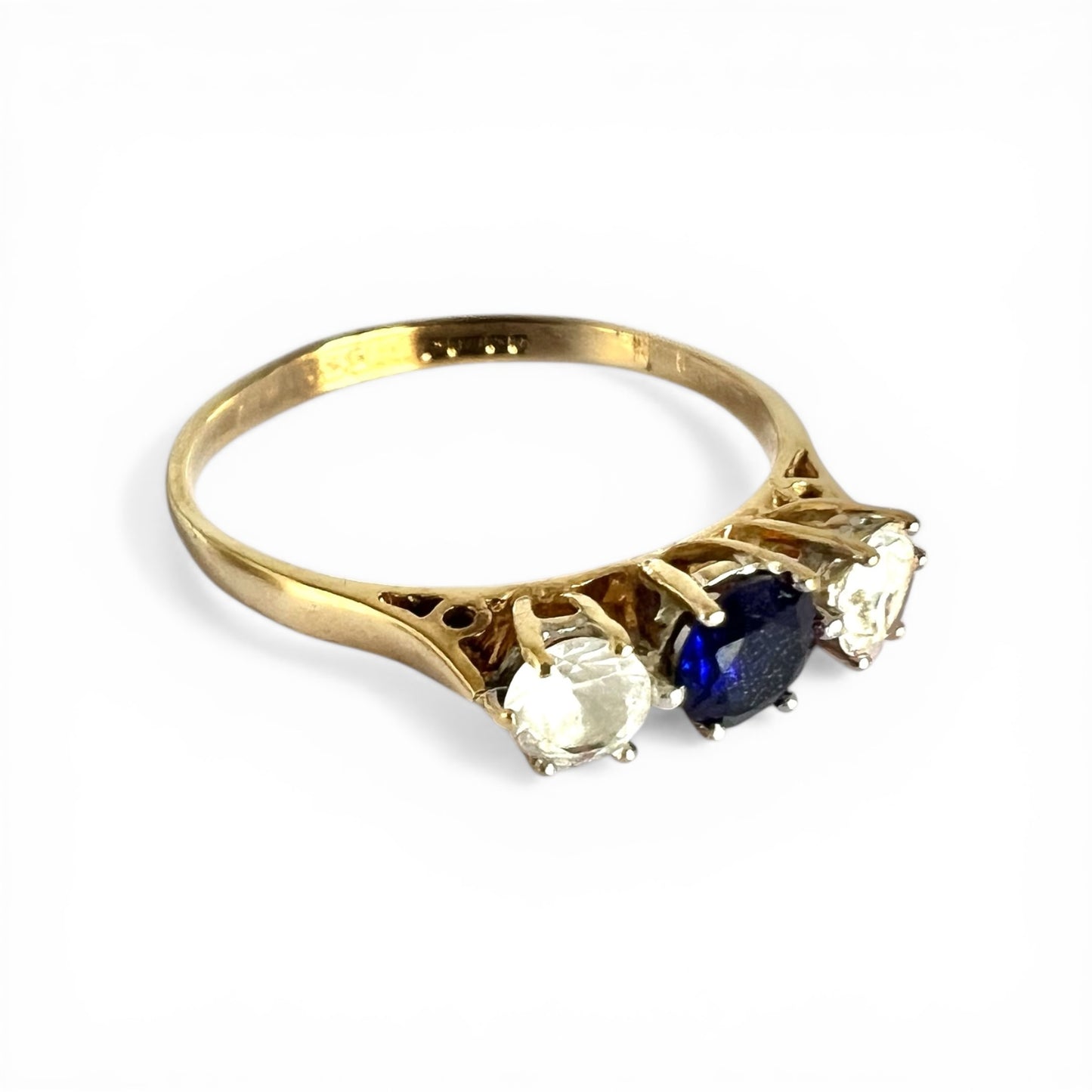 Close up view of setting Sapphire Trilogy Ring – Three Stone Design, Size P 1/2