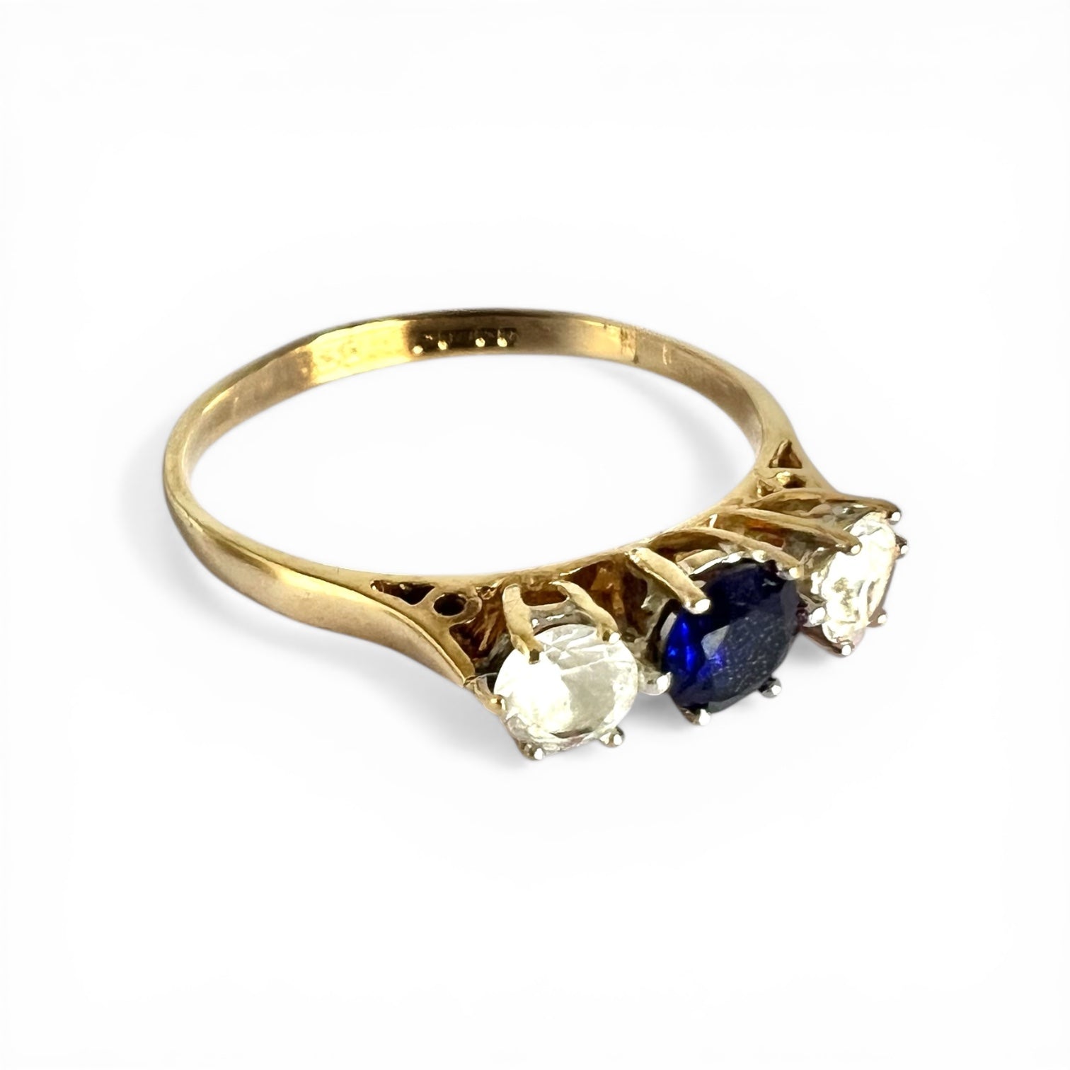 Close up view of setting Sapphire Trilogy Ring – Three Stone Design, Size P 1/2