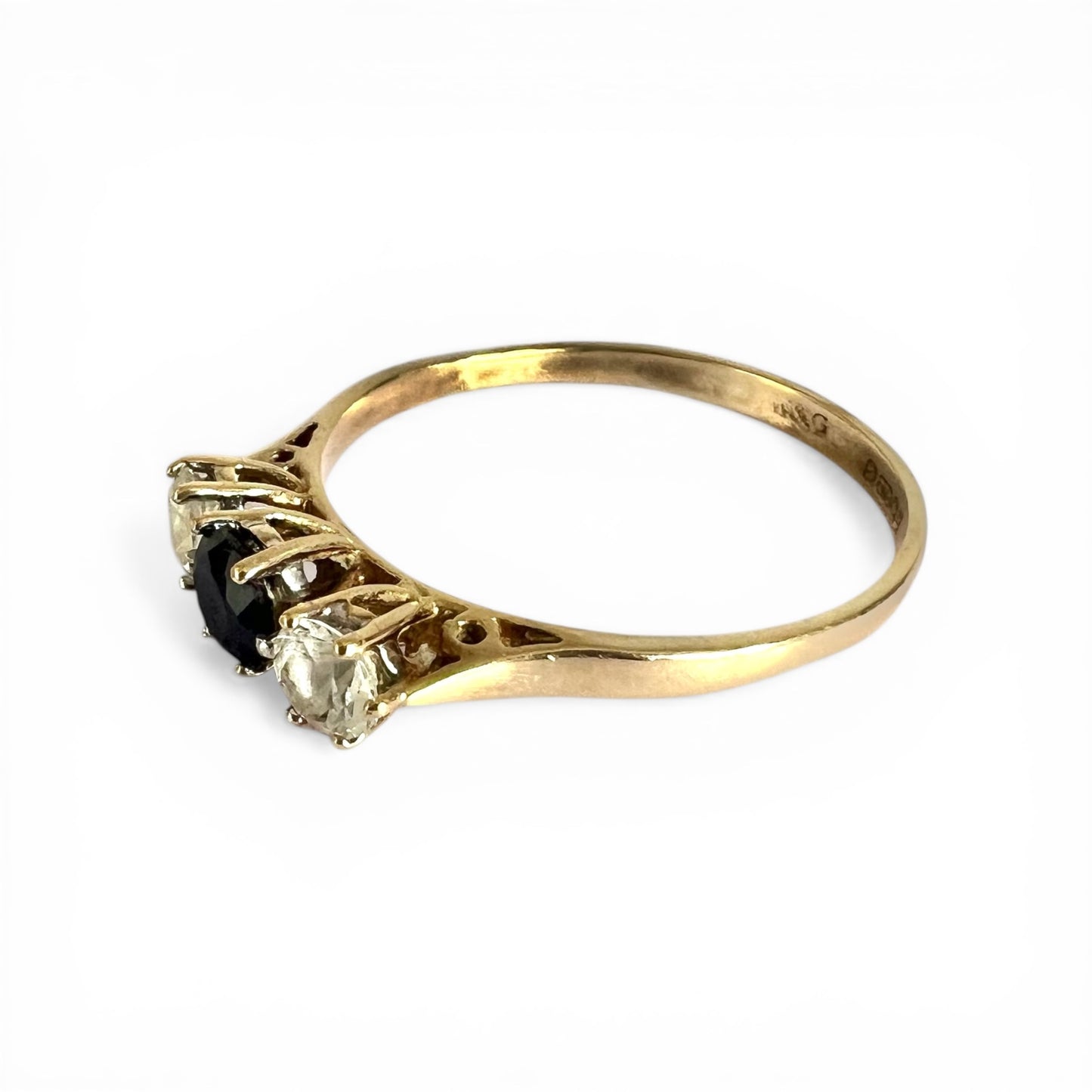 Vintage 9ct Gold Sapphire Trilogy Ring Three Stone Design, Size P 1/2 on a white background