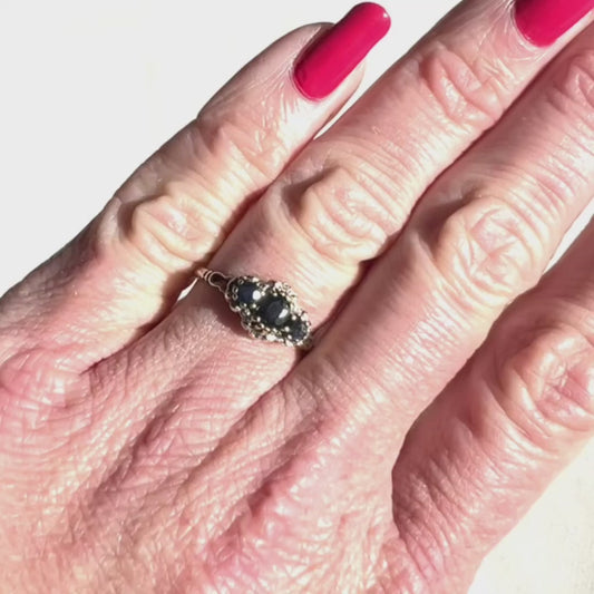 Sapphire & Diamond Three Stone Ring - Vintage - 9ct Gold - Size O